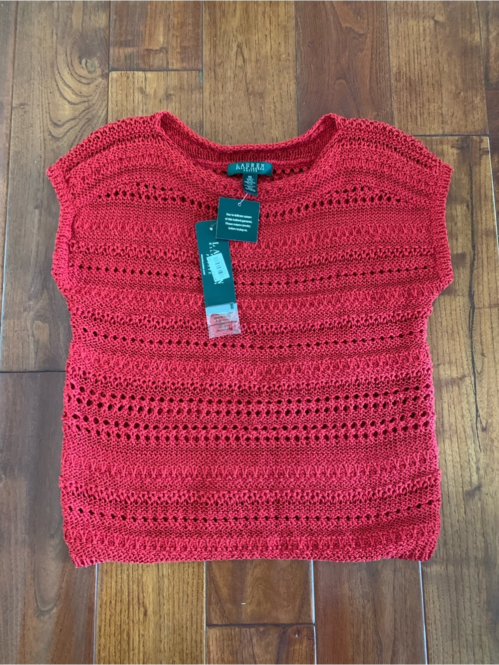 Ralph Lauren Crochet Sweater Petite Small Brick Red Textured Knit Cap Sleeve NEW